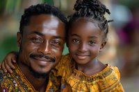 African father and daughter share joyful moment wearing traditional yellow patterned clothing, expressing love and family bonding against blurred natural background.