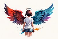 Young Asian woman with colorful angel wings - red and blue feathered wings spread wide, wearing casual white t-shirt and shorts, viewed from behind with halo above head.