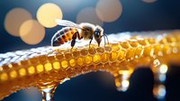 Macro shot of honey bee on golden honeycomb with water drops and bokeh lights in background, showcasing natural beekeeping and honey production process.