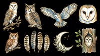 Watercolor owl clipart set with feathers, crescent moon, and tree hollow, isolated on transparent background. Great for stickers, t-shirt design, and print on demand.