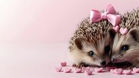 Adorable hedgehog couple with pink bow and heart decorations on pink background, romantic valentines concept for greeting cards and social media posts.