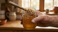 Hand holding glass jar of golden honey with wooden dipper in warm sunlit kitchen setting for natural food and cooking concepts.