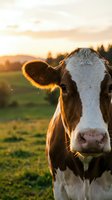 Brown and white dairy cow portrait in golden sunset light on green pasture with mountains and trees in background for agriculture and farming content.