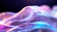 Flowing abstract waves in pink and purple colors with glowing particles and sparkles on dark background create magical ethereal atmosphere.
