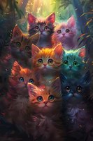Magical colorful kittens with glowing eyes in enchanted forest setting, surrounded by sparkles and mystical light effects against dark mysterious background.