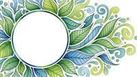 Decorative floral frame with swirls and leaves in green and blue tones. Circular white space for text or logo. Organic botanical border design element.