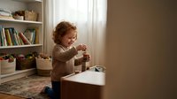 Adorable toddler boy with curly red hair playing with wooden blocks in cozy playroom with natural light streaming through window and organized shelves.