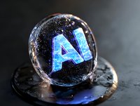 Glowing blue AI symbol encased in glass sphere with water drops on dark reflective surface, futuristic technology concept for artificial intelligence applications.