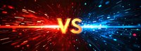 Glowing versus text with explosive red and blue light particles colliding in dynamic cosmic battle scene.