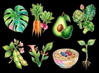 Watercolor illustration of fresh vegetables and plants including monstera leaf, carrots, radishes, avocado, artichoke, cucumber slices, tulips, cereal bowl with berries, and seedling sprout isolated on transparent background for clipart, t-shirt design, stickers, and print-on-demand projects.