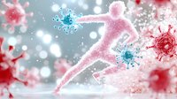 Running silhouette through virus particles on abstract medical background with red and blue coronavirus cells in dynamic motion composition.