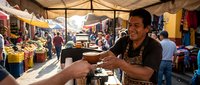 Middle-aged male vendor of South Asian descent serving food at outdoor market stall under tent canopy, engaging with customer in bustling bazaar setting with colorful merchandise and shoppers in background.