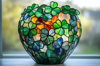 Heart-shaped stained glass vase with shamrock clover pattern in green, blue and amber colors creates magical light effect on windowsill.