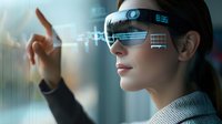 Young Asian businesswoman using augmented reality smart glasses, touching virtual interface display while working with futuristic technology.