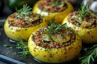 Stuffed yellow squash with seasoned meat filling and fresh rosemary garnish on dark baking sheet, close up view of homemade Mediterranean cuisine.