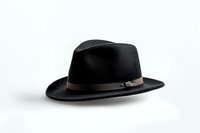 Classic black fedora hat with brown leather band on white background, isolated menswear accessory for fashion and design projects.