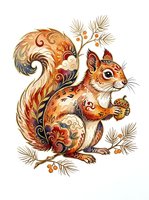 Ornamental squirrel with decorative swirls and floral patterns in warm autumn tones, isolated on white background. Suitable for clipart, t-shirt designs, and creative projects.