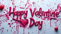 Pink and red Valentine's Day greeting text with heart shape and paint splatter effect on light background, romantic holiday celebration design element.