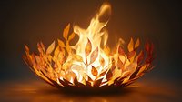 Artistic metal fire pit with flame-shaped cutouts creating dramatic light and shadow effects against dark background. Decorative garden feature glows with warm light.