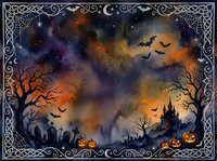 Halloween night scene with spooky castle, pumpkins, bats and ornate gothic border frame for seasonal decorations and horror themed designs.