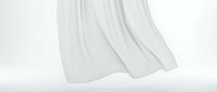 White flowing fabric curtain with soft folds and gentle movement against clean background for interior design and textile concepts.