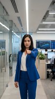 Confident businesswoman in blue suit pointing forward in modern office environment with glass walls and contemporary workspace design for leadership concepts.