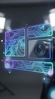 Futuristic digital camera with glowing neon circuit board patterns in purple and cyan colors for technology and photography concepts.