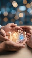 Hands holding glowing digital figures and gears symbolizing teamwork, collaboration, and business process management with bokeh background.
