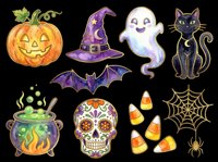 Halloween clipart set with pumpkin, ghost, black cat, witch hat, bat, cauldron, sugar skull, candy corn, and spider web, isolated on transparent background, ready for stickers and print on demand.