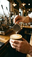 Professional barista creating latte art by pouring steamed milk into coffee cup in modern cafe with warm lighting and espresso machine in background.