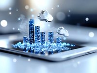 Futuristic smart city emerging from mobile screen with cloud computing symbols, glowing blue buildings and digital technology network on blurred background.