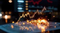Glowing stock market chart with golden sparks rising from financial data display, dramatic lighting creates mystical atmosphere on dark background.