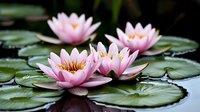 Pink water lilies floating on pond with green lily pads in natural setting. Serene botanical composition captures tranquil aquatic garden atmosphere.