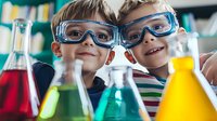 Two young boys wearing protective goggles smile during science experiment with colorful liquid-filled flasks in classroom laboratory setting.