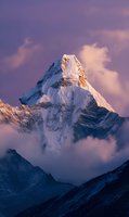 Majestic snow-capped mountain peak rising above clouds at sunset, with golden light illuminating the summit against a purple sky backdrop.