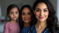 Three generations of Hispanic women smiling at camera, representing family bonds and healthcare professionals. Young female doctor in medical scrubs with mother and daughter.
