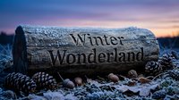 Frost-covered wooden log engraved with Winter Wonderland text, surrounded by pine cones and acorns on snowy ground at dusk.