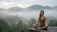 Young woman practicing yoga meditation on wooden deck overlooking misty mountain forest landscape at dawn for wellness and mindfulness retreat.