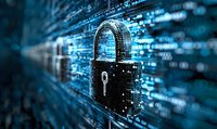 Digital padlock on abstract technology background with binary code and glowing circuit elements represents cybersecurity and data protection concept.