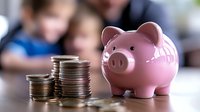 Pink piggy bank with stacked coins on table while blurred family discusses financial planning and savings goals in background for children education.