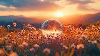 Crystal ball on grass reflecting sunset sky among white dandelion flowers in meadow, magical nature photography with golden hour sunlight and dreamy atmosphere.