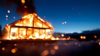 Burning wooden house silhouette against dark blue twilight sky with glowing embers and bokeh lights creating dramatic atmosphere for emergency and disaster concepts.