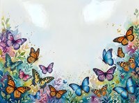 Colorful butterflies and flowers frame border on light textured background. Spring garden design with monarch, blue morpho butterflies among blooms.
