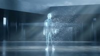 Digital human figure dissolving into glowing particles in modern futuristic space, representing technology, artificial intelligence, data transformation, and virtual reality concepts for tech innovation projects.
