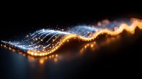 Glowing wave of golden and blue light particles flowing on dark background, creating dynamic motion effect with bokeh and sparkles.