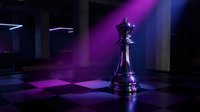 Chess king piece on checkered board with dramatic purple and blue lighting in dark atmospheric setting for strategic business concepts.