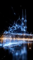 Glowing blue holographic mosque with minarets reflected in water against dark background, creating magical architectural visualization with light effects.
