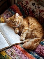 Orange tabby kitten sleeping peacefully on open book with colorful knitted blanket, cozy reading nook scene for home decor and lifestyle content.