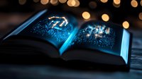 Open book with glowing digital data streams and binary code emerging from pages against dark background with bokeh lights, representing digital transformation.
