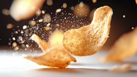 Crispy potato chips floating in air with salt particles and bokeh light effects on dark background, dynamic food photography for advertising and packaging.